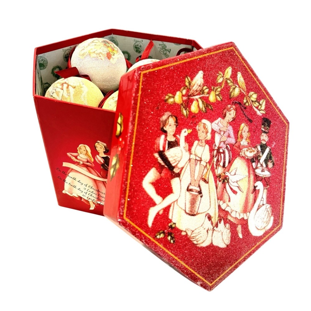 Vintage 12 Days of Christmas Sugar Ball Ornaments Set W/Box Holiday Collectibles